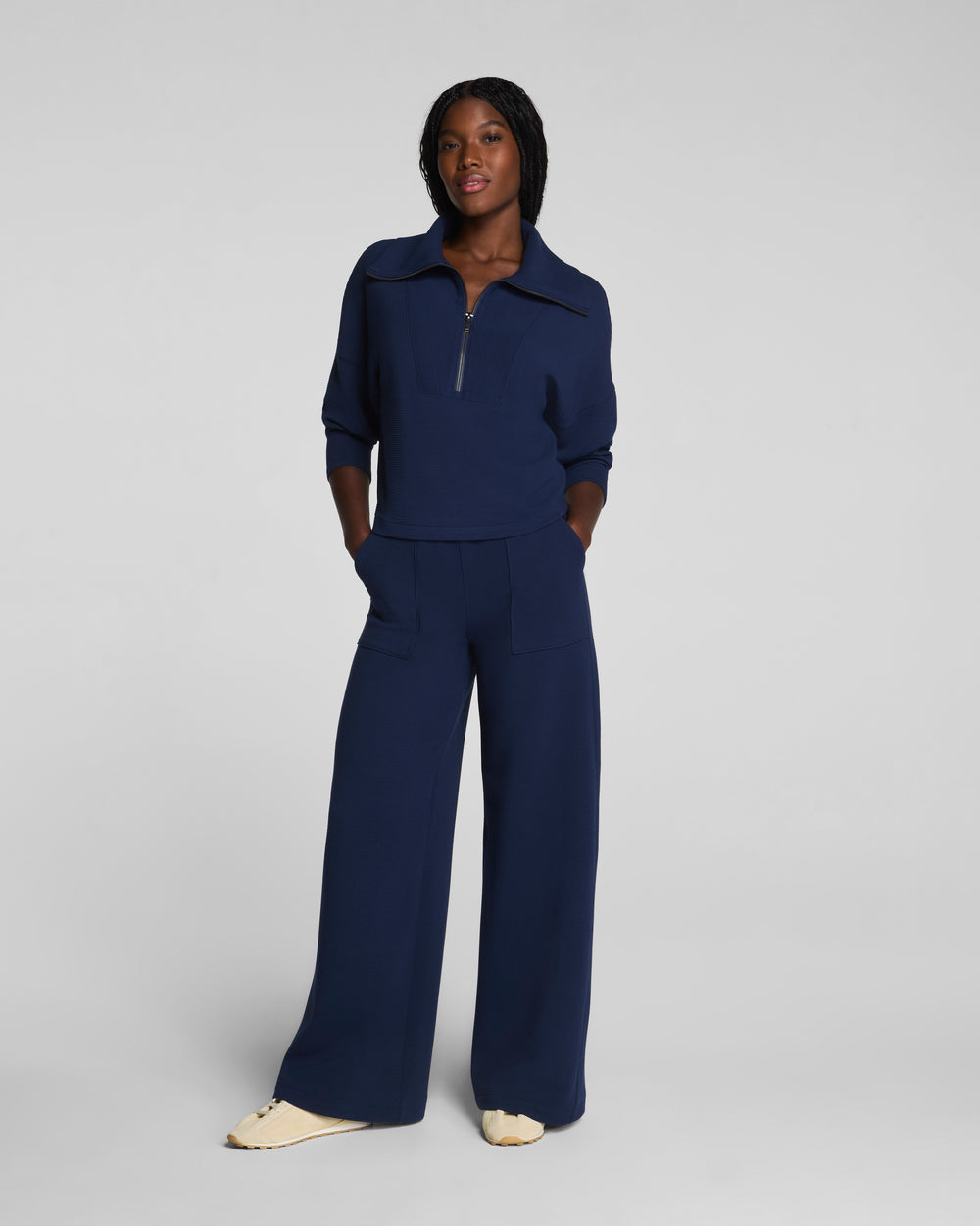 rehellinen puff pants　ネイビー　L AirEssentials Spanx French Rib Wide Leg Pant in Timeless Navy