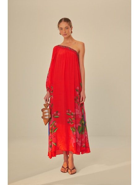 One Shoulder Maxi Dress in Summer Foliage Scarf Red