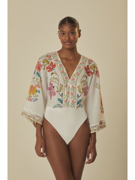 Insect Floral Bodysuit Top in White