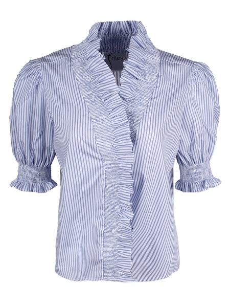 Cici Shirred Shirt in Blue/White Stripe