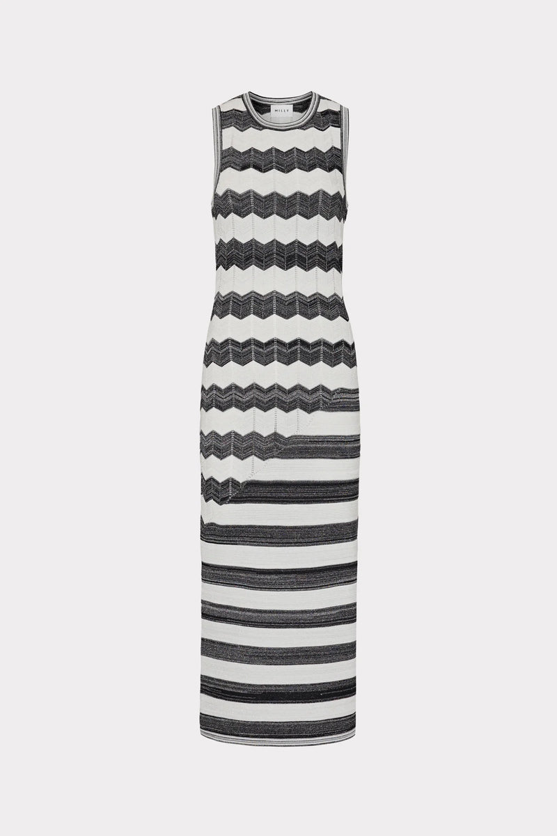 Asymmetrical Zig Zag Midi Dress in Black/Ecru