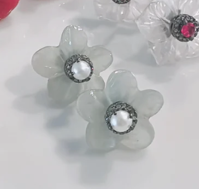 Green Jade Flower Stud with Pearl Center