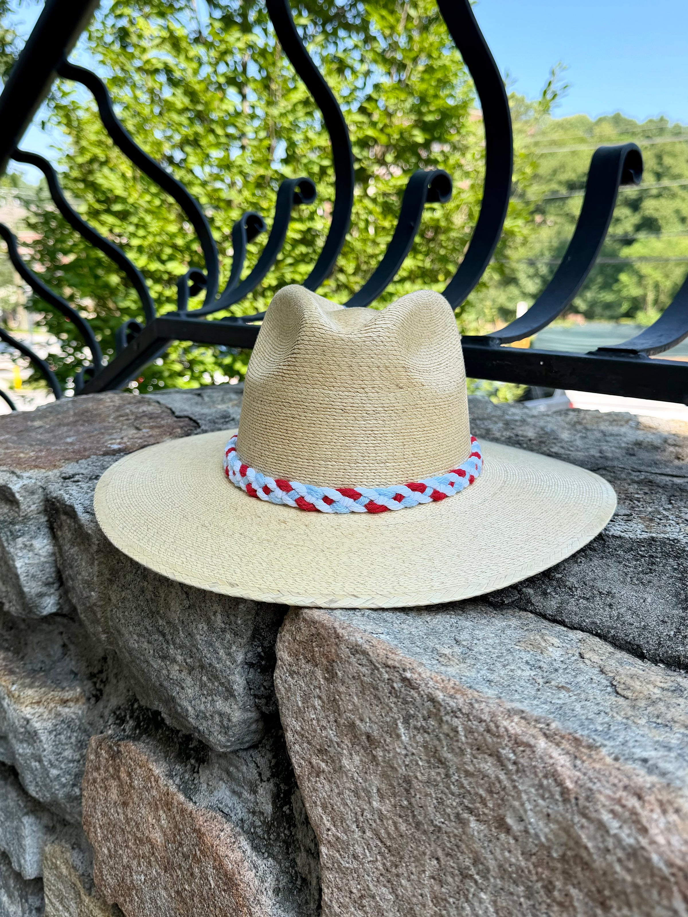 Cardinal Red and Powder Blue Cursive Natural Palm Hat