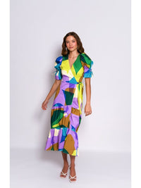 Marisol Wrap Style Dress in Pop Green Geo