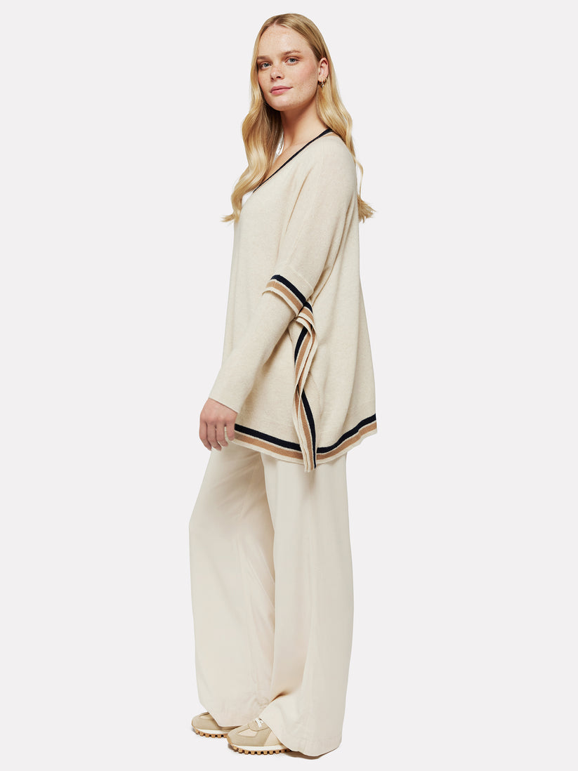 Delilah Sweater Poncho in White/Navy/Camel