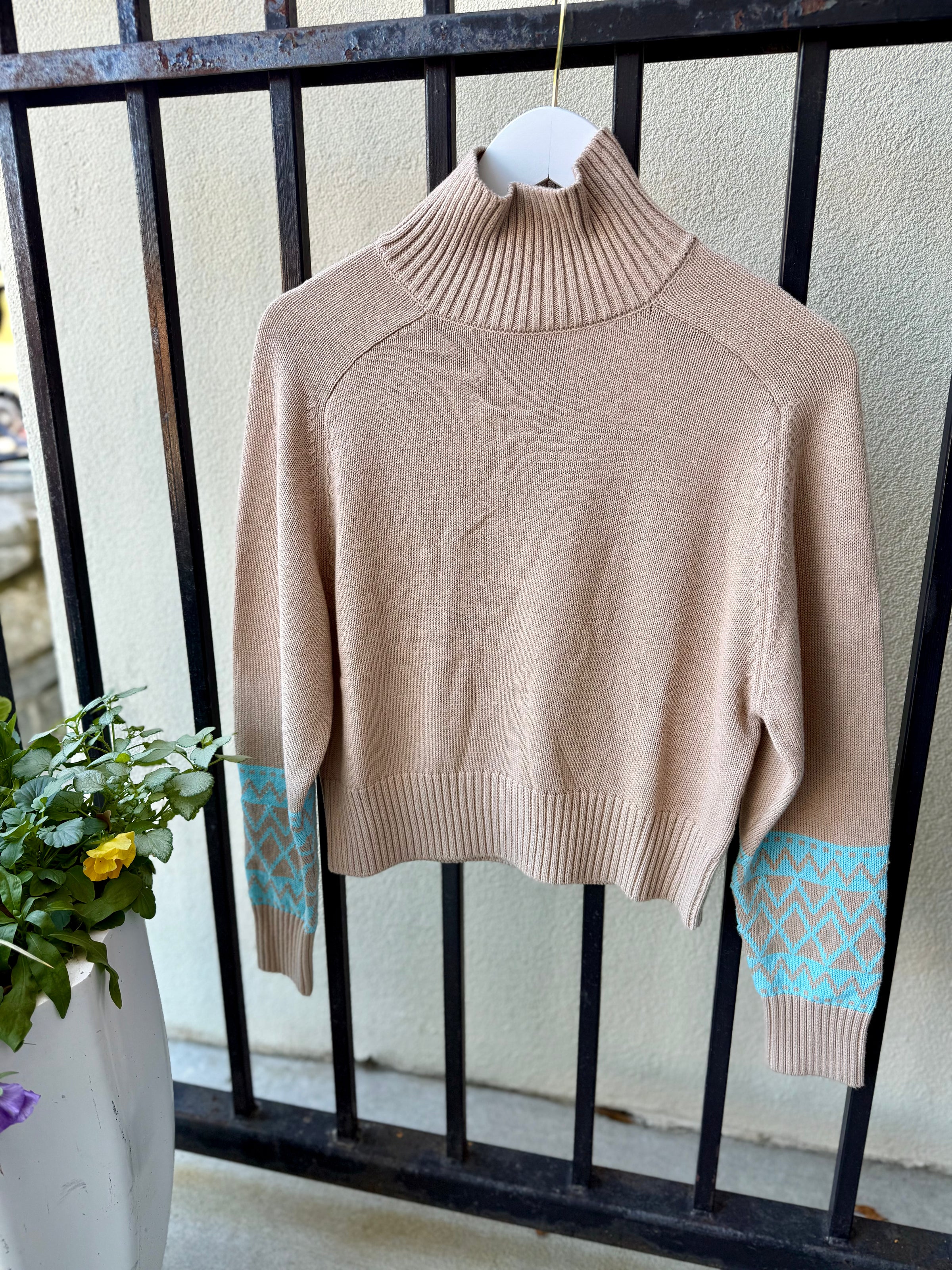 1025W-077 BRWN/AQUA-wispr-geometric-mock-neck-sweater-in-light-brown-aqua-1