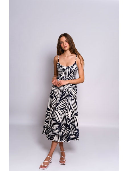 Brixton Dress in Navy/Ivory Outline Leaves