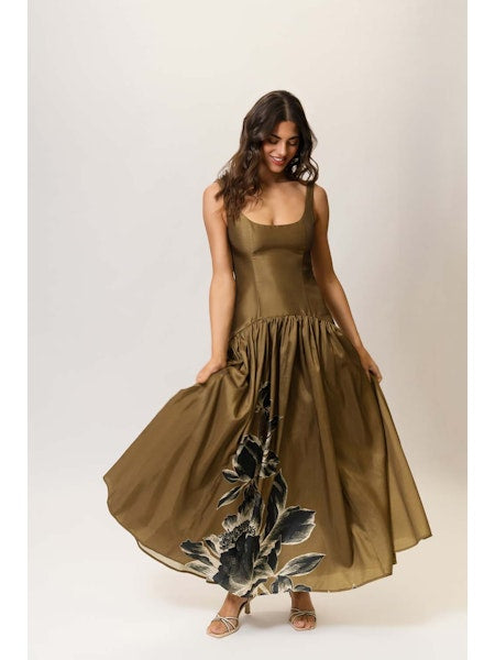 chinese dress ladies Hutch Ridge Dress in Olive Placement Black Inverted Sketch Floral – Poppy's  of Atlanta
