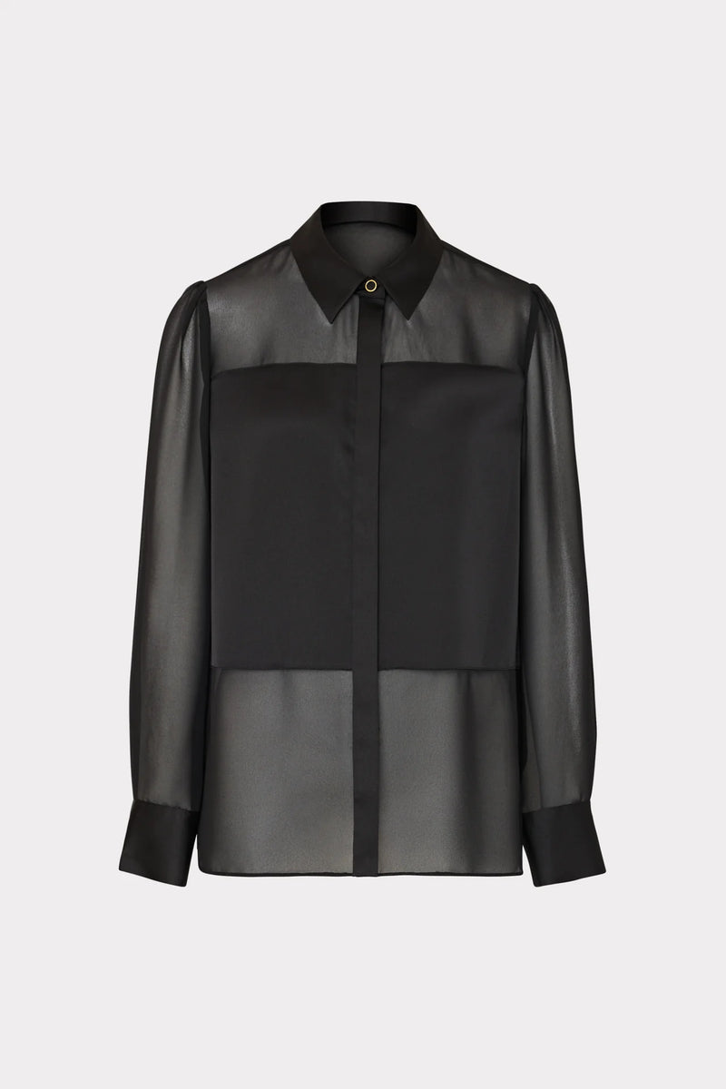 Andy Satin Combo Button Up Blouse in Black