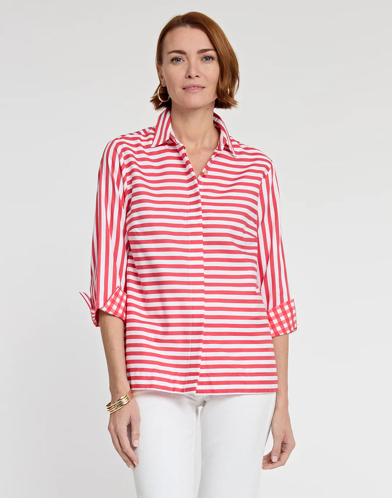 3/4 Sleeve Xena Blouse in Coral/White
