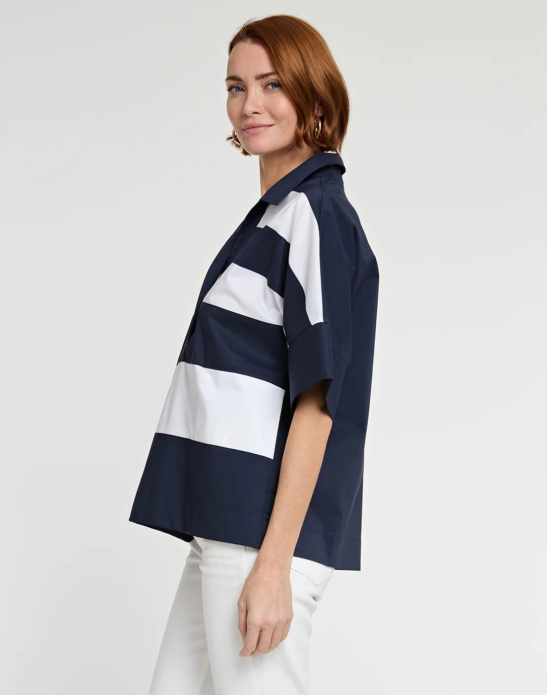 Cindy Elbow Sleeve Top in Navy/White