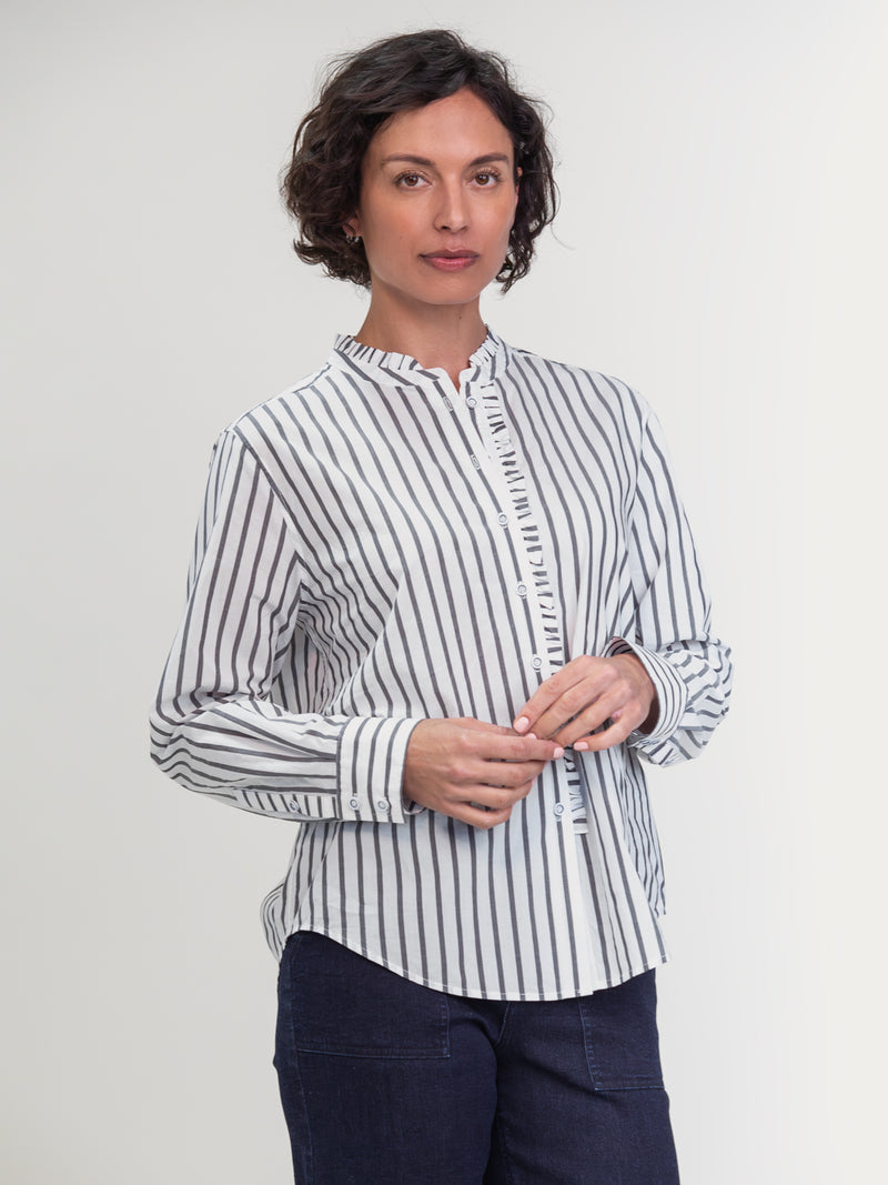 Ruffle Detailed Shirt in Carbon Stripe