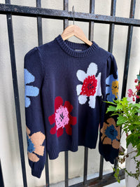 Marled Flower Crew Sweater in Navy