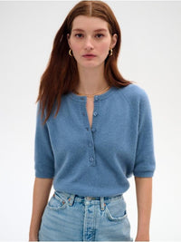 Cashmere Henley Sweater in Blue Thistle