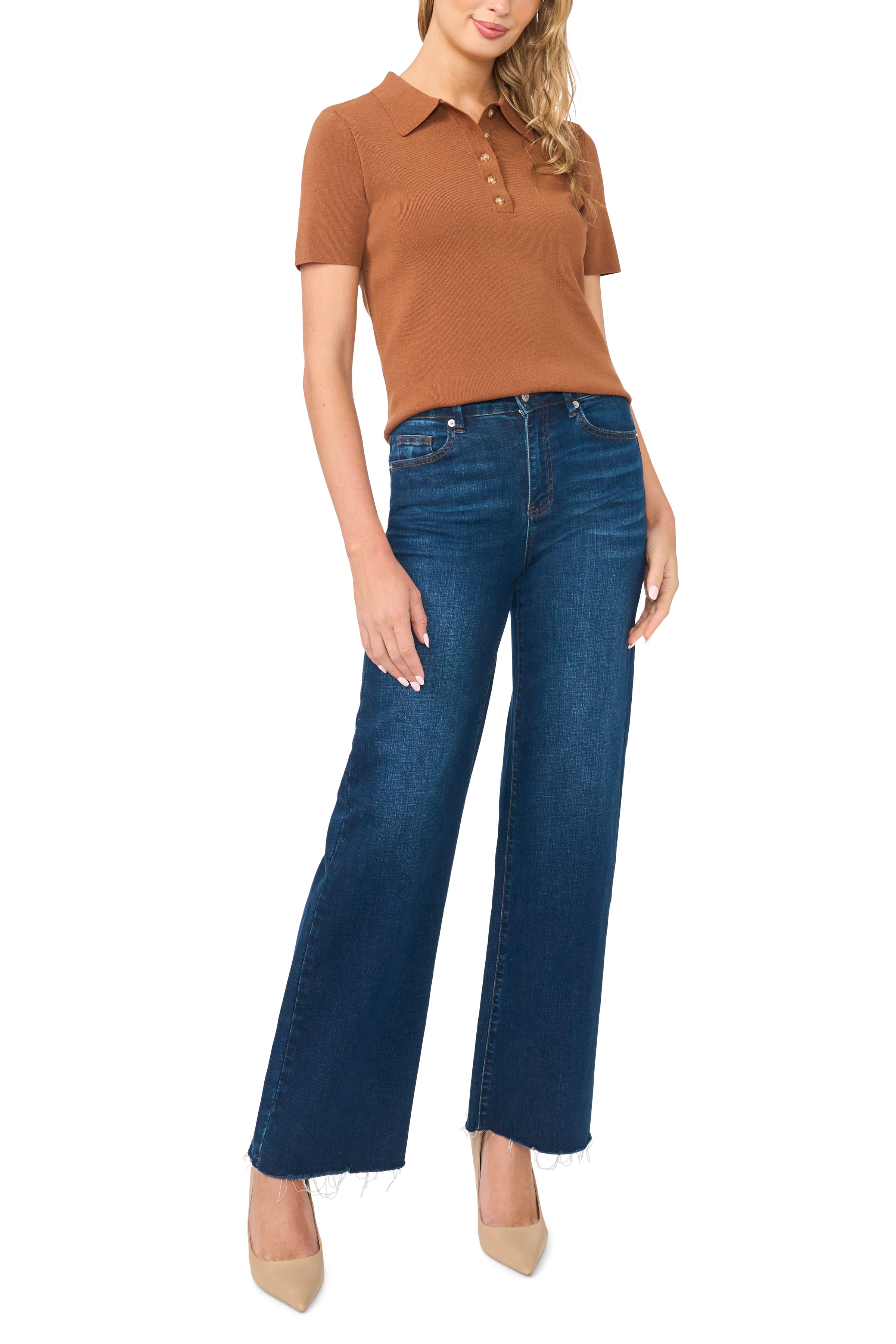 Ronni Rib Knit Short Sleeve Polo Top in Ginger Spice
