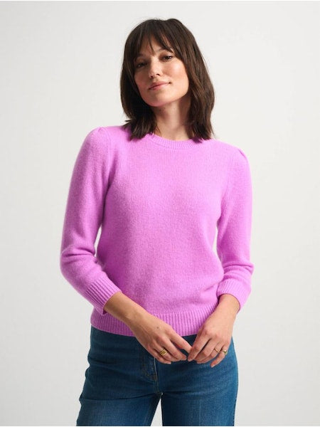 Puff Sleeve Crewneck Sweater in Neon Mauve