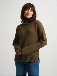 Cotton High Rib Turtleneck Sweater in Deep Olive