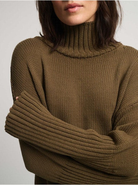 Cotton High Rib Turtleneck Sweater in Deep Olive