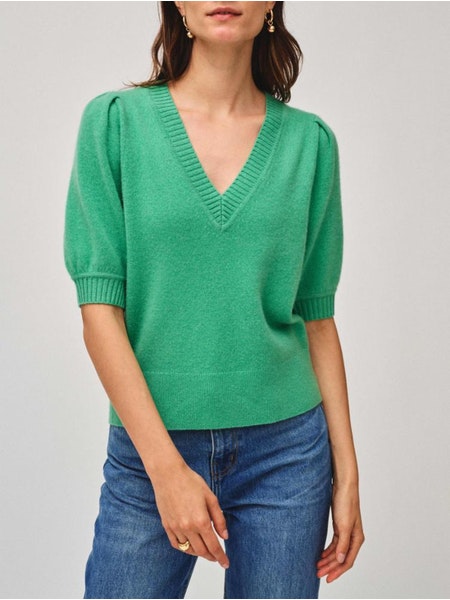 Puff Sleeve V-Neck Sweater in Retro Green