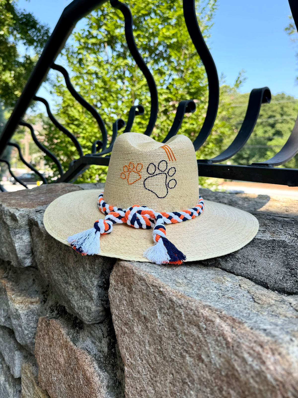 Navy Blue and Burnt Orange Double Paws Natural Palm Hat