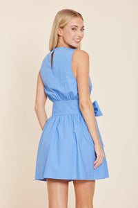 Poplin Sleeveless Belted Dress in Blue