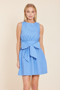 Poplin Sleeveless Belted Dress in Blue