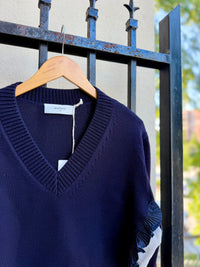 V-Neck Sweater with Ruffle Details and Layered Hem in Dark Blue