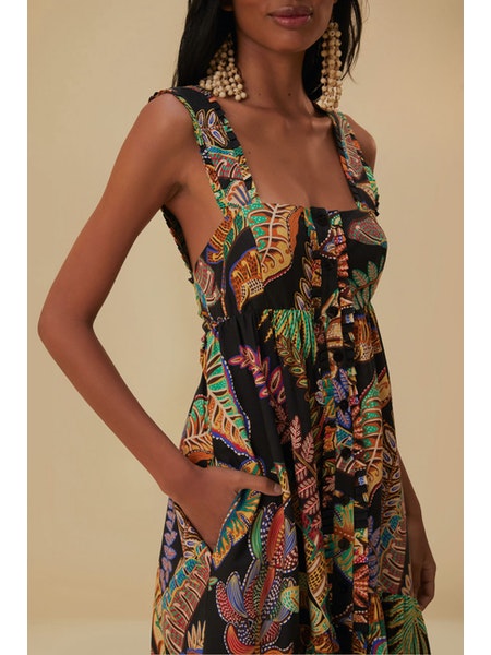 Strappy Printed Maxi Dress in Cool Foliage Black