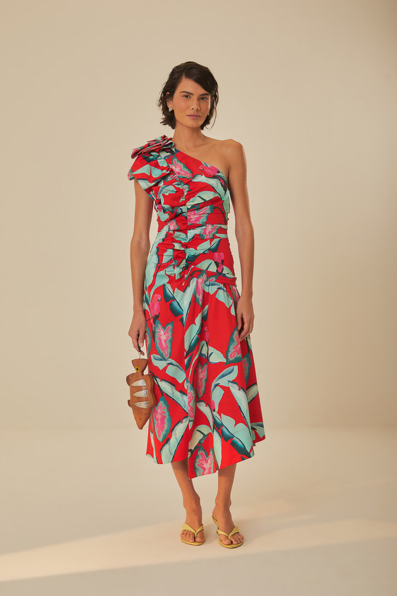 One Shoulder Maxi Dress in Summer Foliage Red