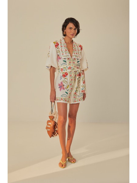 Collared Romper in Floral Insects Off White