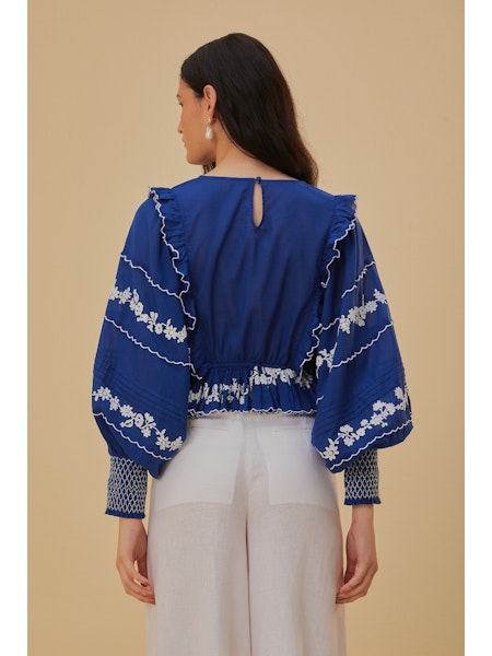 Embroidered Long Sleeve Blouse in Royal Blue