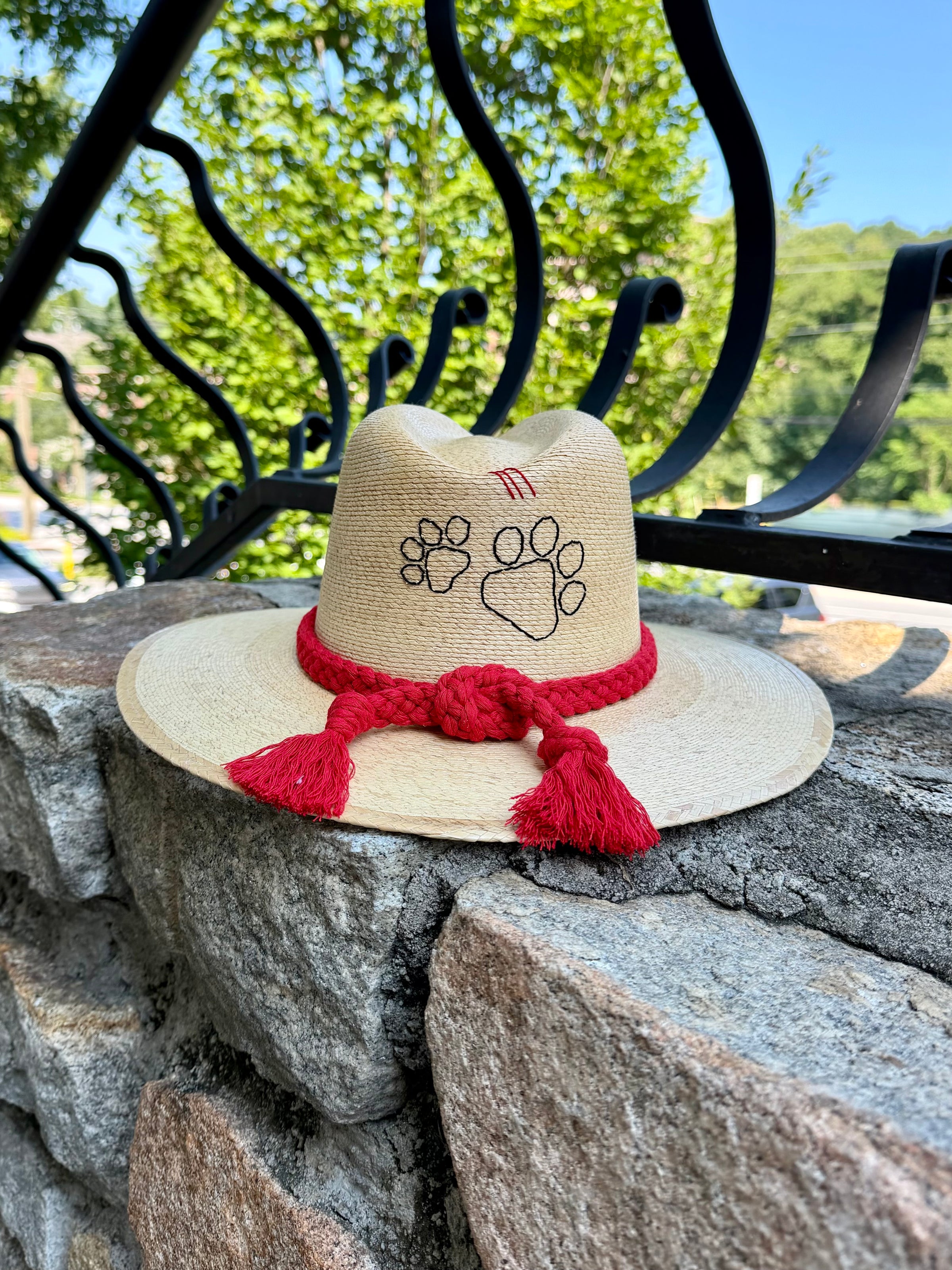 Red Braid/Double Black Paws Natural Palm Hat