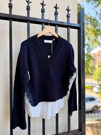 V-Neck Sweater with Ruffle Details and Layered Hem in Dark Blue