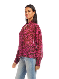 Shirred Button Up Blouse in Wild Leopard Georgette