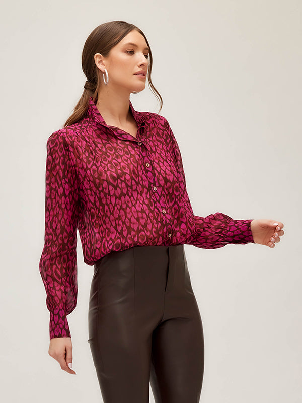 Shirred Button Up Blouse in Wild Leopard Georgette