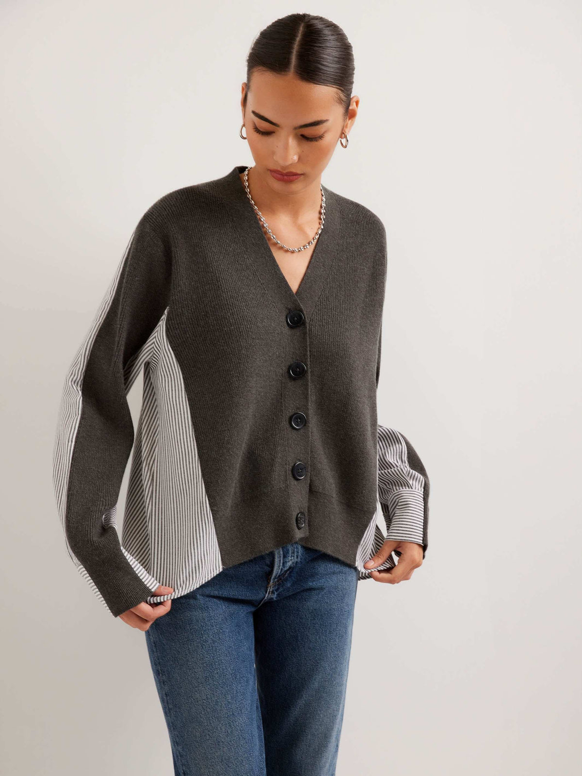 3F89347-Fifteen-Twenty-celine-mixed-media-cardigan-charcoal-1