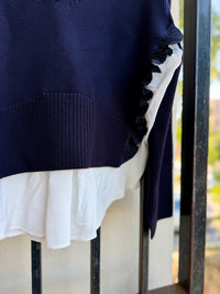 V-Neck Sweater with Ruffle Details and Layered Hem in Dark Blue