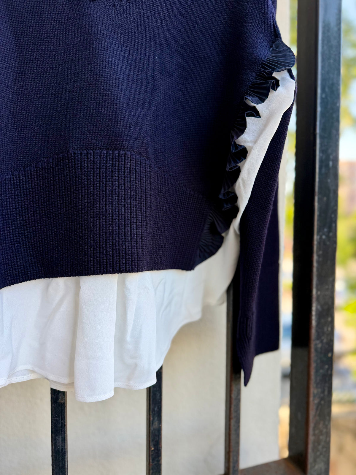 V-Neck Sweater with Ruffle Details and Layered Hem in Dark Blue