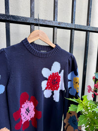 Marled Flower Crew Sweater in Navy