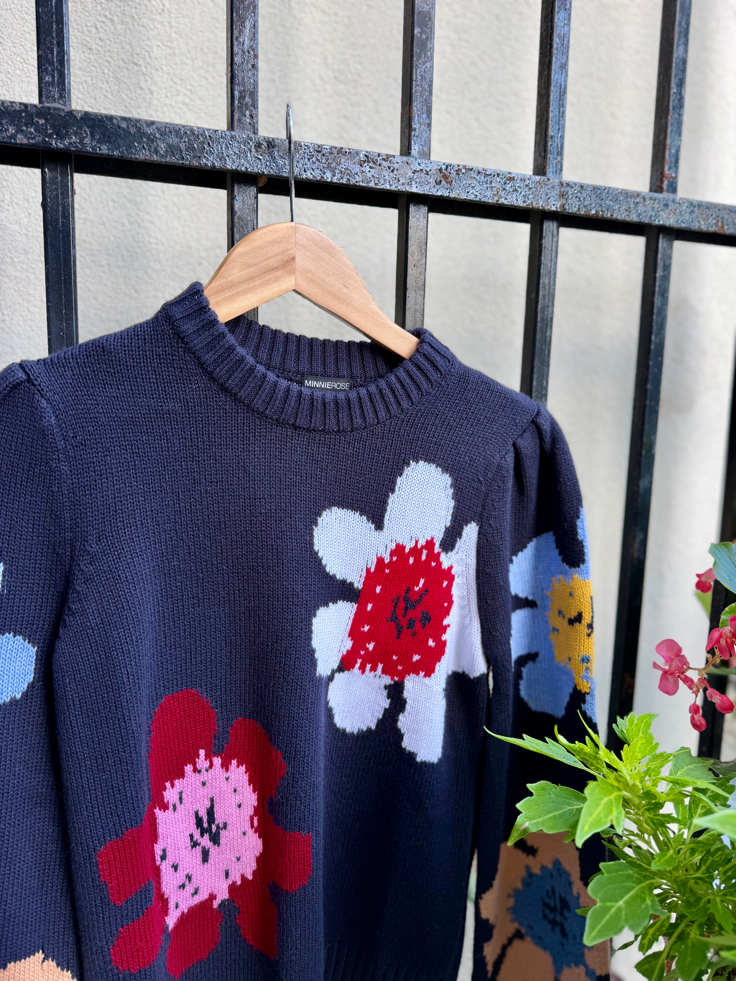 Marled Flower Crew Sweater in Navy