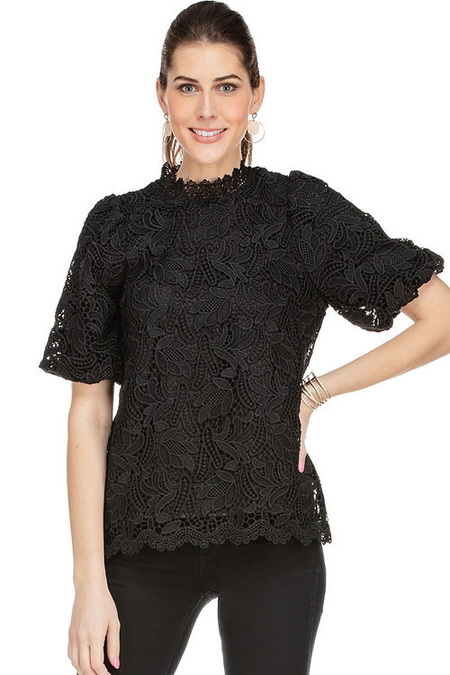 Lace Puff Sleeve Top in Black