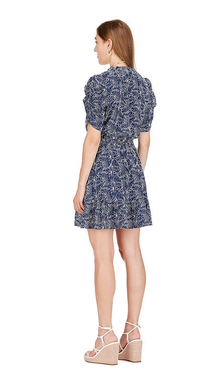 Ruched Sleeve Dress in Embroidered Navy