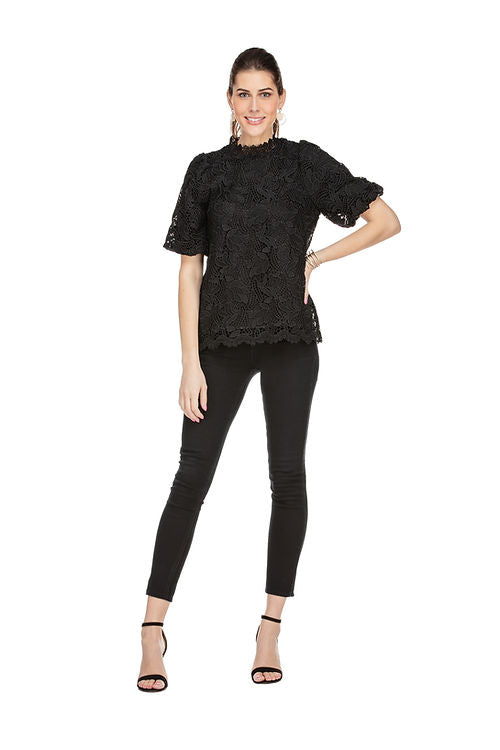Lace Puff Sleeve Top in Black