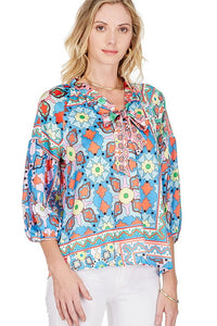 Printed Tie Front Blouse in Abstract Art