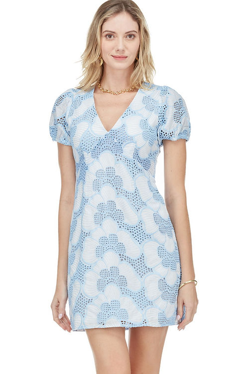 V-Neck Empire Eyelet Dress in Blue Embroidery