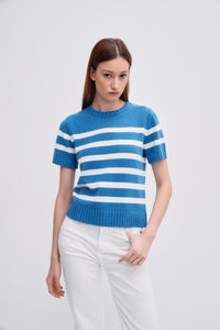 Cotton Cashmere Sweater in Ivory/Indigo