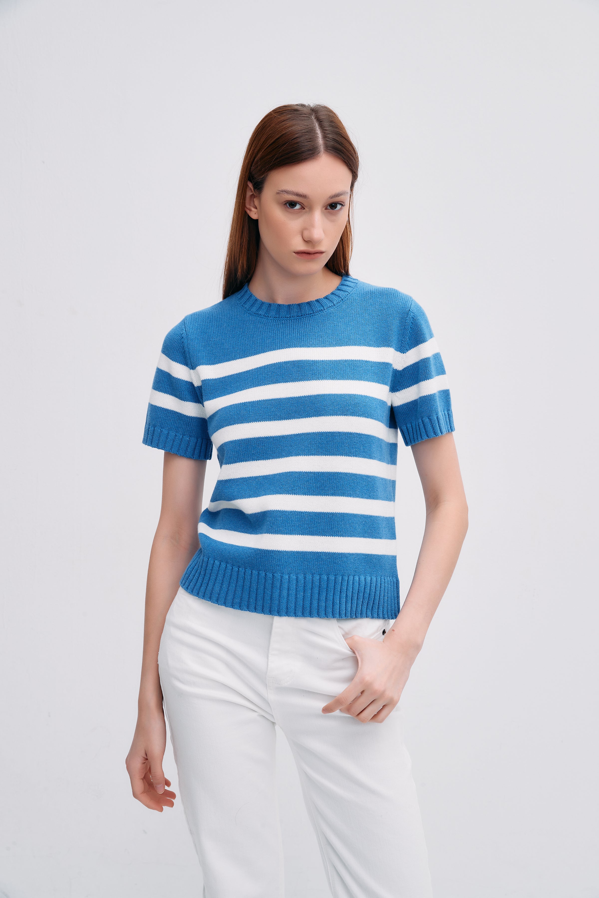 Cotton Cashmere Sweater in Ivory/Indigo