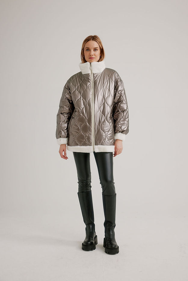 Reversible Faux Fur Lined Jacket in Pewter Vanilla
