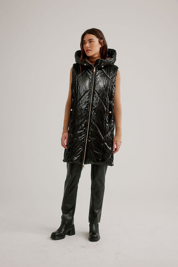 Quilted Shiny Long Hooded Vest in Black