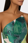 Asymmetrical Tropical Forest Jacquard Midi Dress in Green Multi